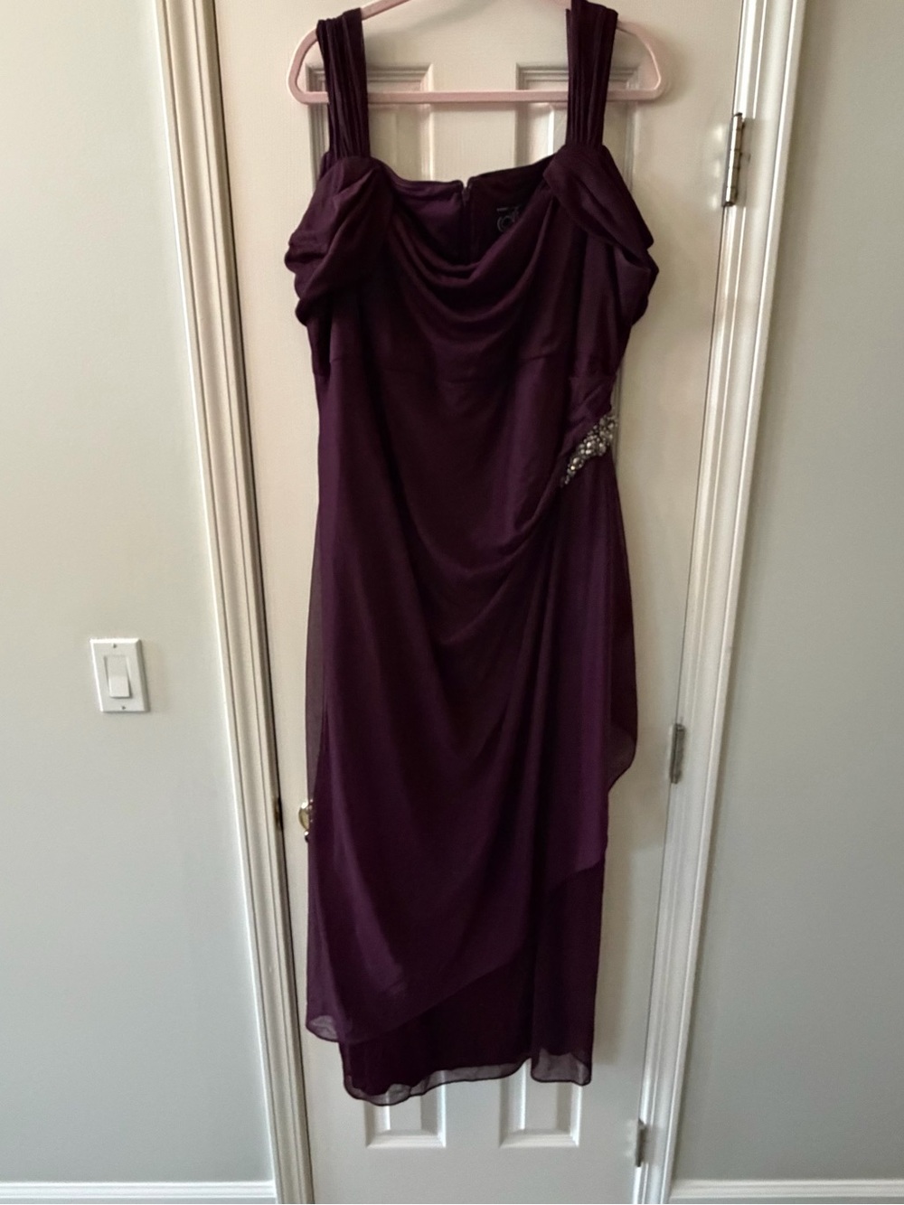 Alex Evenings Plum Cowl Neck Beaded Hip Draped Sleeve Slit Gown 22W